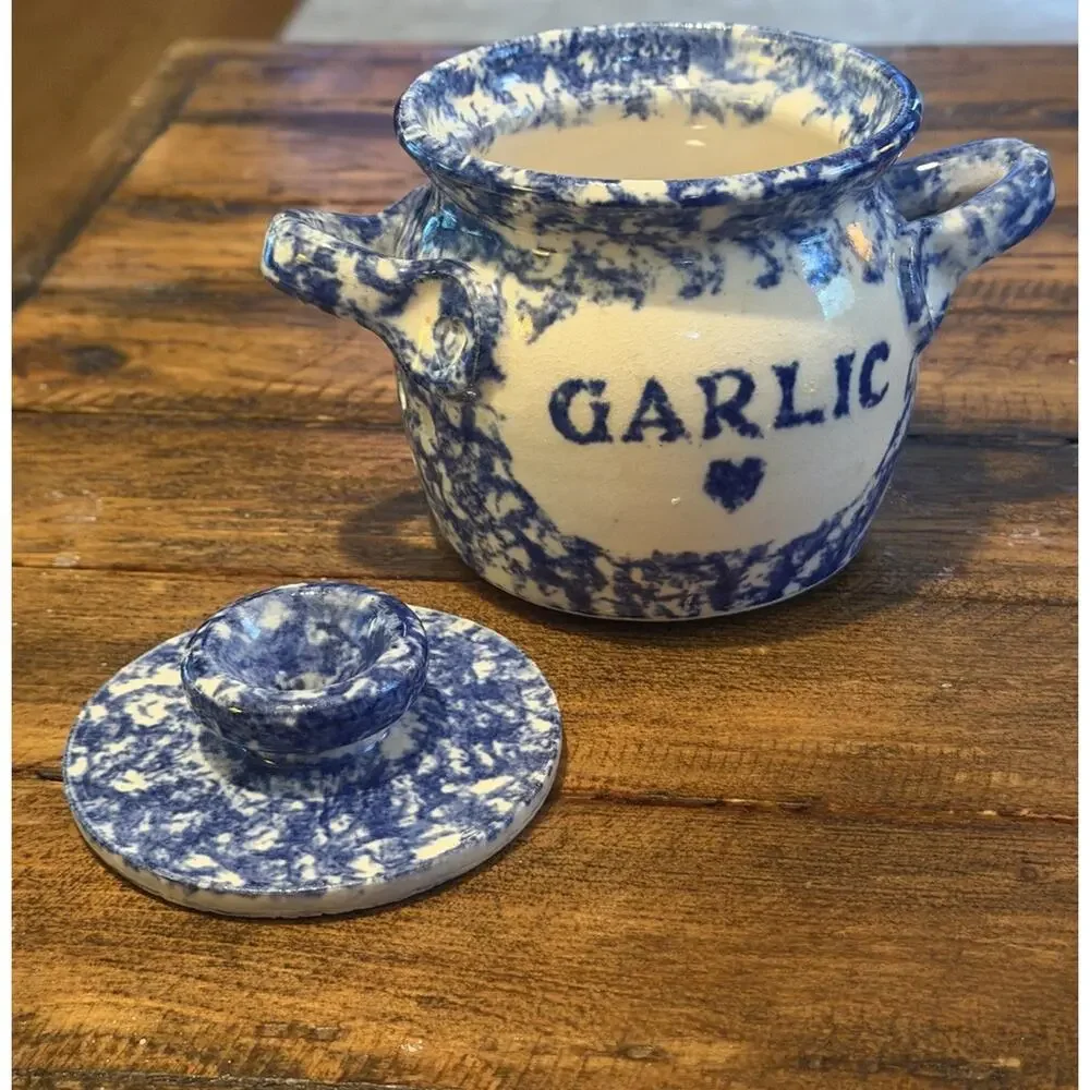 Vintage Hand Made Stoneware GARLIC KEEPER Jar Blue White Artist Signed 3820/68